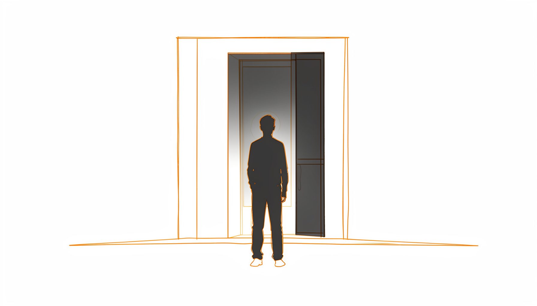A minimal line drawing of a lone silhouette standing before a wide dark window with faint overlapping outlines, rendered in charcoal and muted gold tones