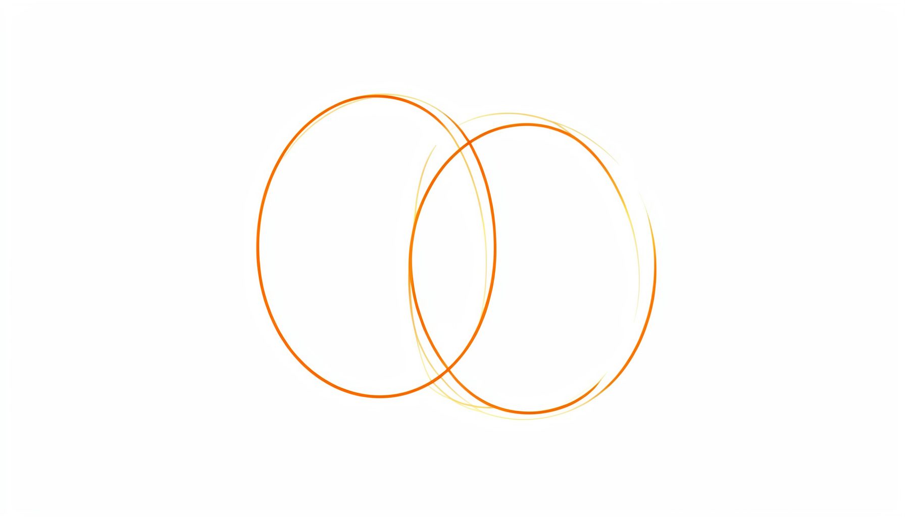 A simple line drawing of two overlapping translucent spheres suggesting parallel realities, monochrome with subtle gold