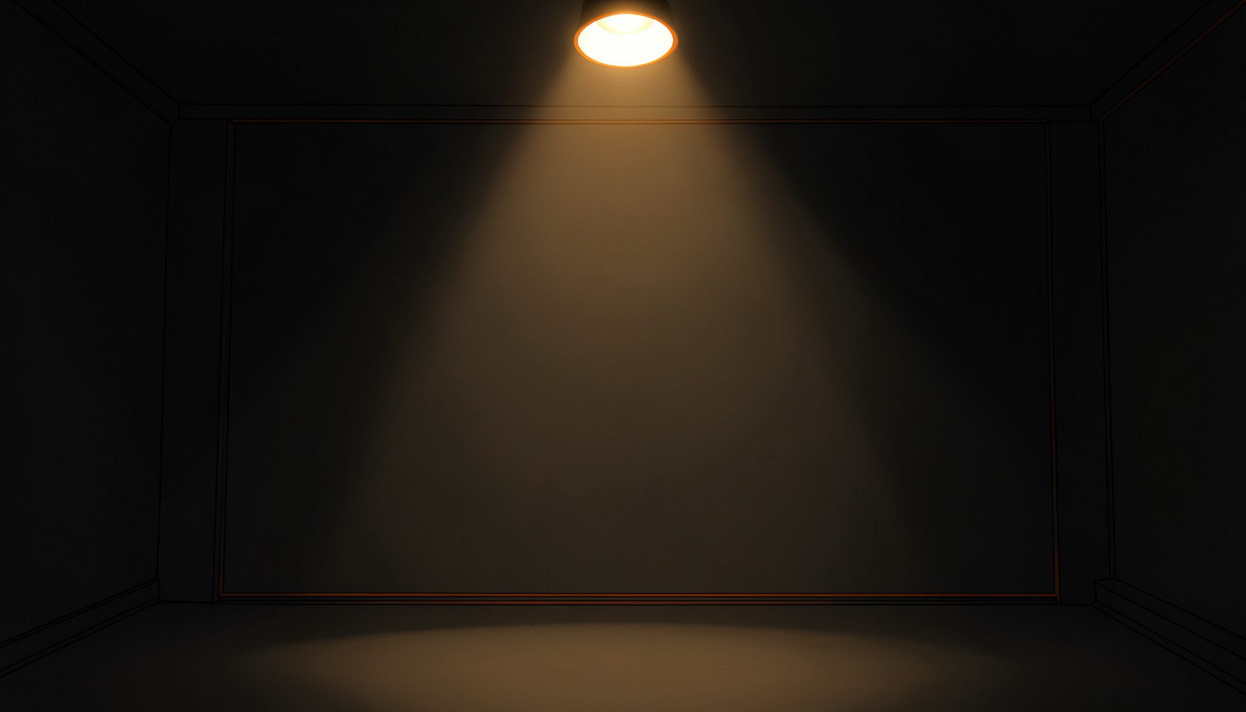 Dimly lit film set with a single overhead light casting long shadows across a bare wall, deep charcoal and muted amber tones