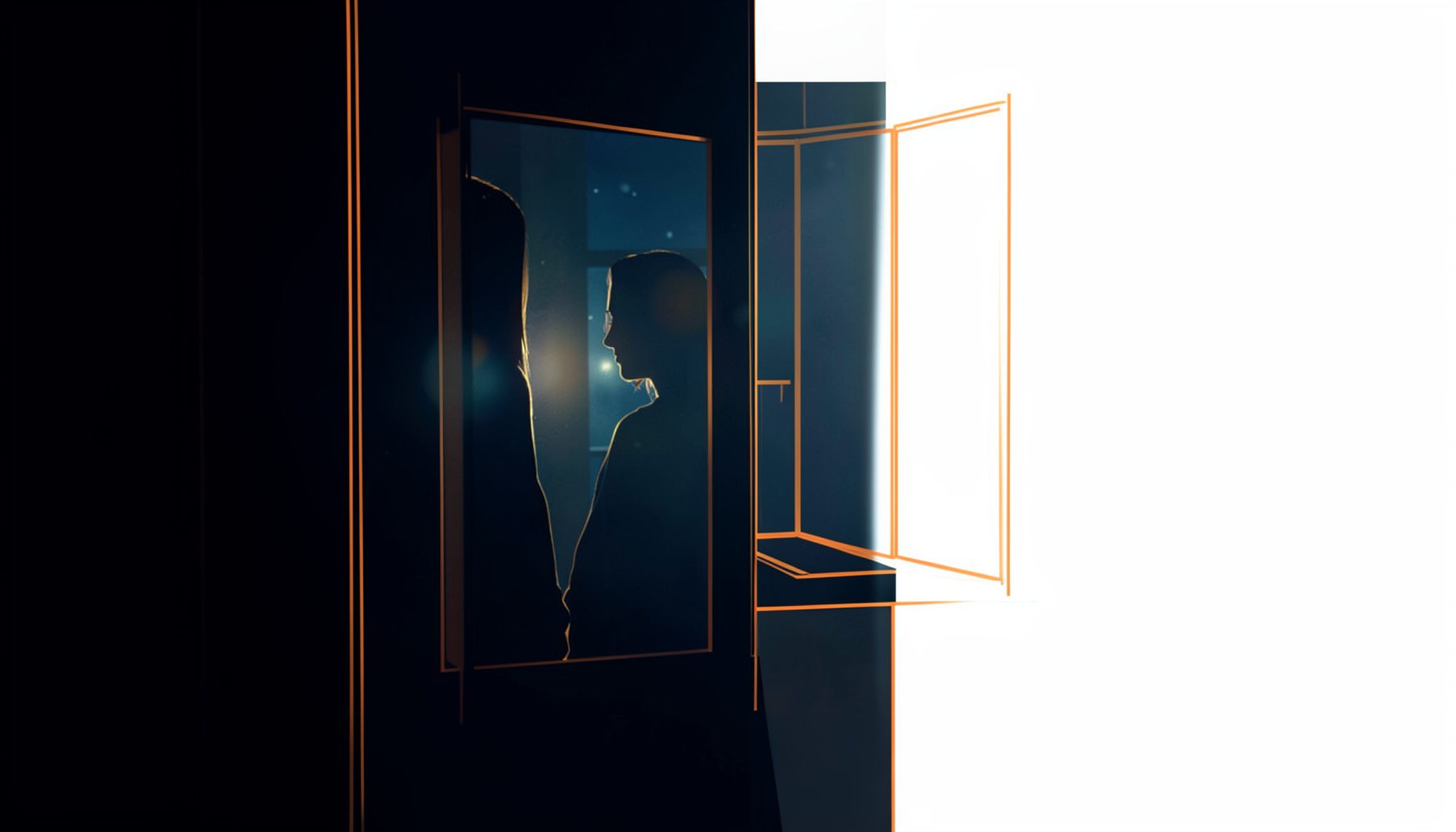 A solitary figure silhouetted against a window at night, deep blues and muted golds, moody and contemplative