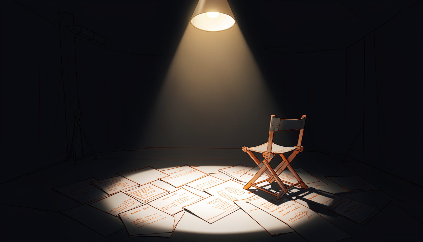 A dimly lit film set with a single overhead light casting long shadows across scattered script pages and a director's chair