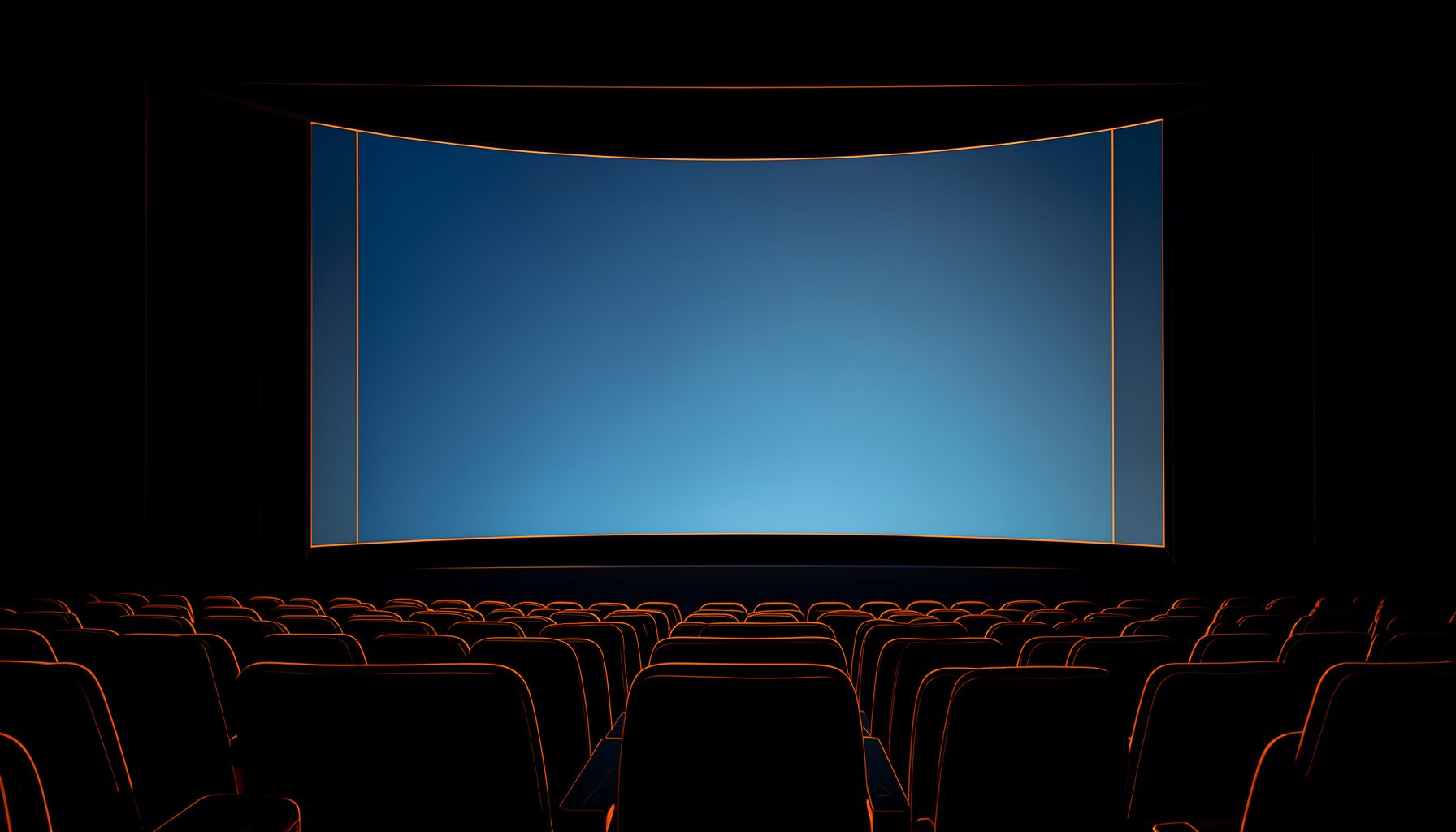 A dark cinema auditorium with a vast curved screen glowing softly in deep blue and silver tones, empty seats receding into shadow