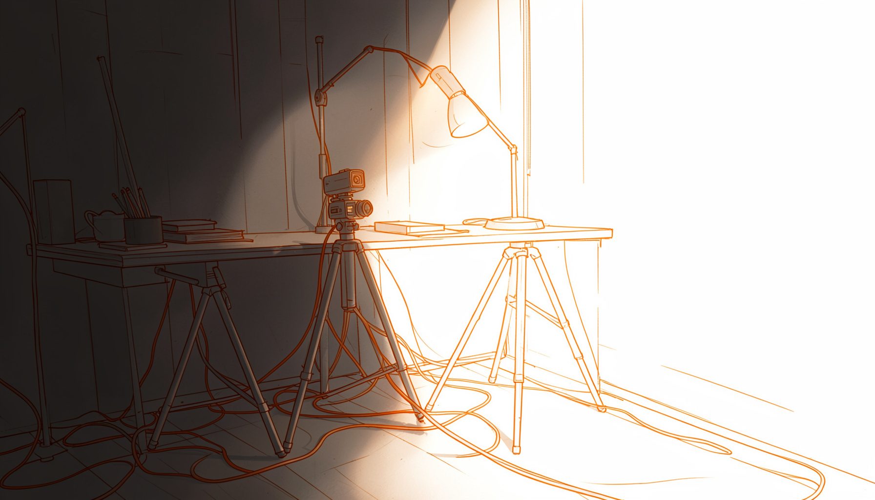 A dimly lit filmmaker's workspace with a small camcorder on a tripod, a single desk lamp casting warm light, and cables trailing across a wooden floor